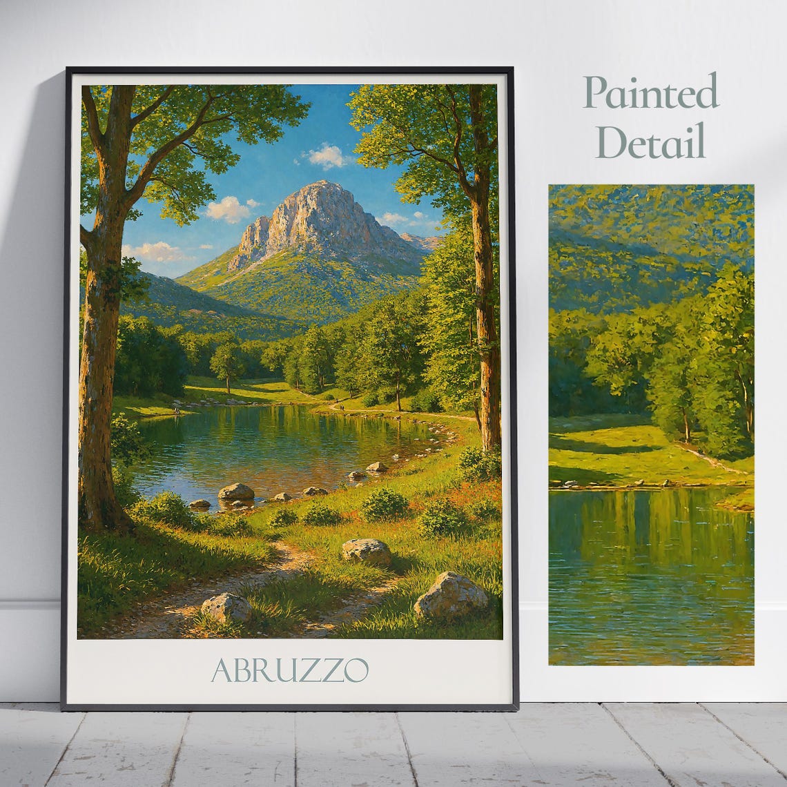 Abruzzo Italy Travel Poster Mountain Lake Pine Forest Painted View