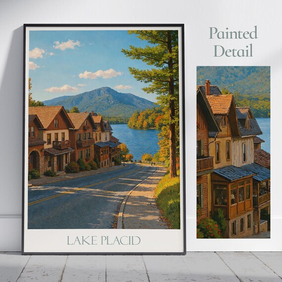 Lake Placid Village Travel Poster Adirondacks Lakeside Street Autumn Art