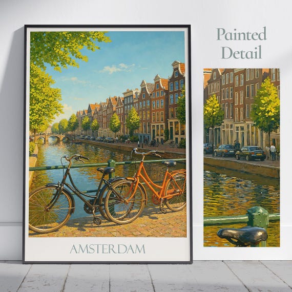 Amsterdam Travel Poster Netherlands Canal Houses Art Print Painted Cityscape Wall Decor Vibrant Bicycle Artwork