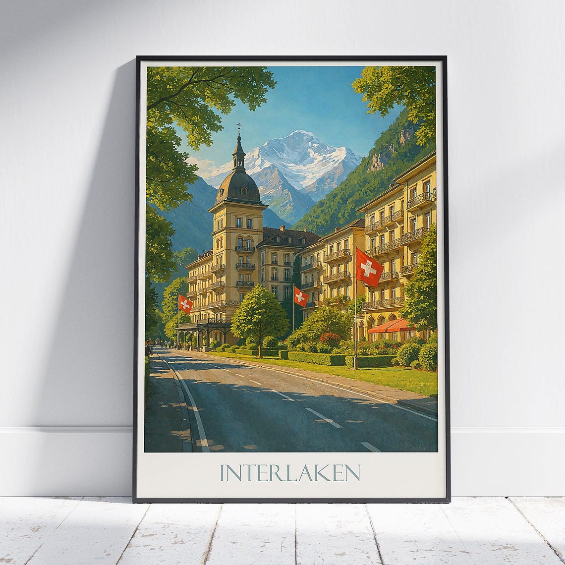 Interlaken Switzerland Alps Street with Swiss Flags Travel Poster