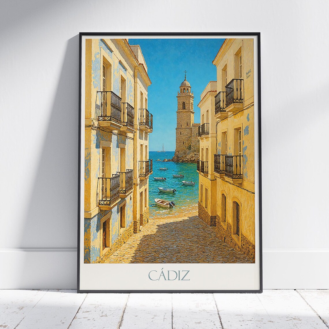 Cádiz Spain Old Town Travel Poster Narrow Street to the Beach