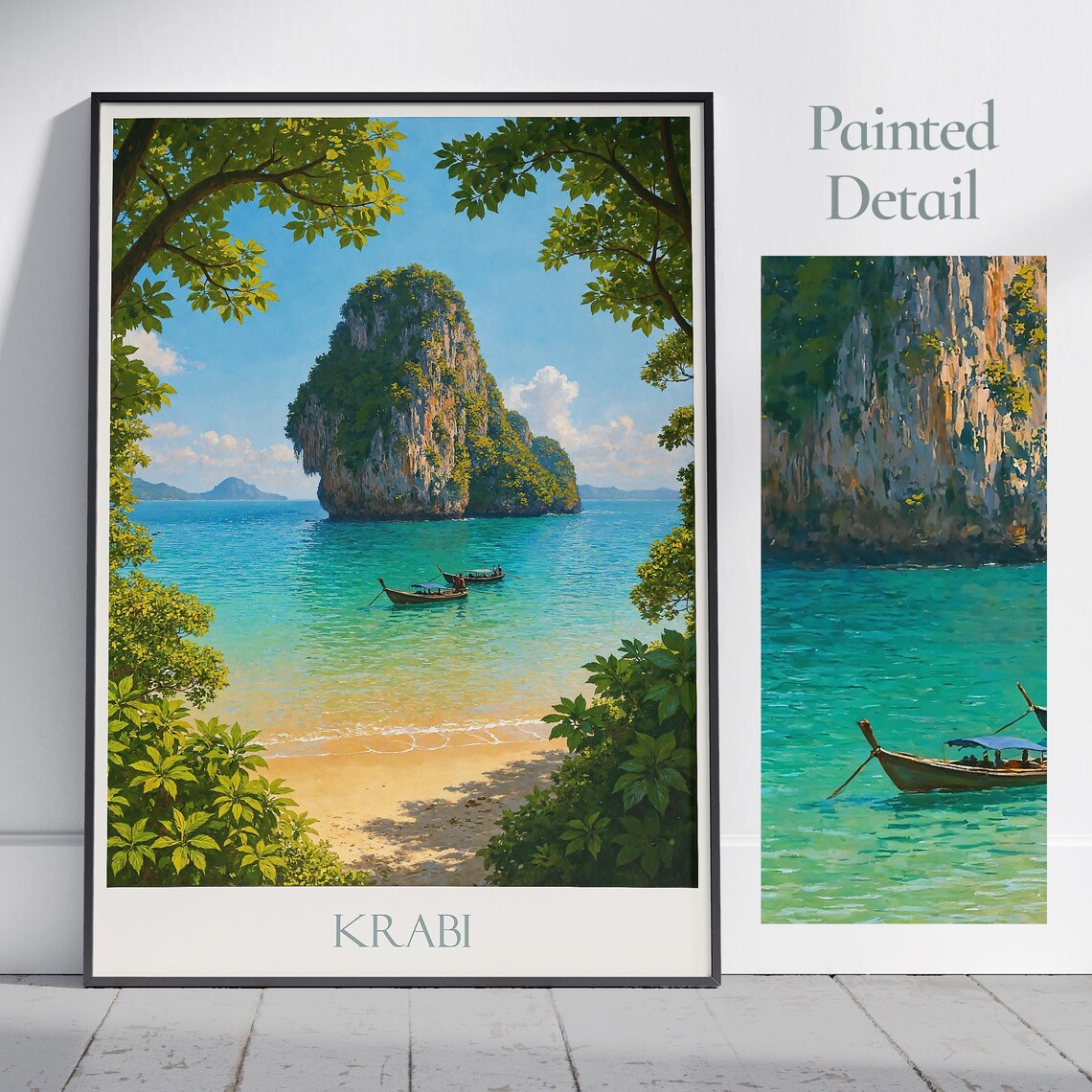 Krabi Limestone Island Longtail Boats Tropical Travel Poster