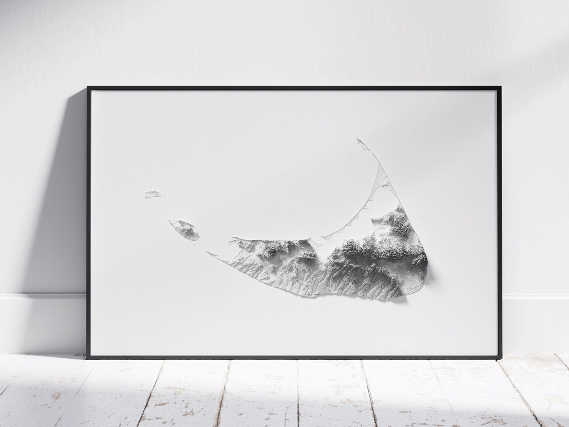 Nantucket Island Minimalist Shaded Relief Map Monochrome Wall Art