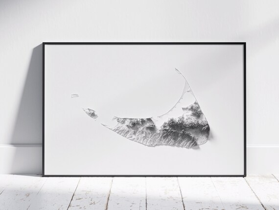 Nantucket Island Minimalist Shaded Relief Map Monochrome Wall Art