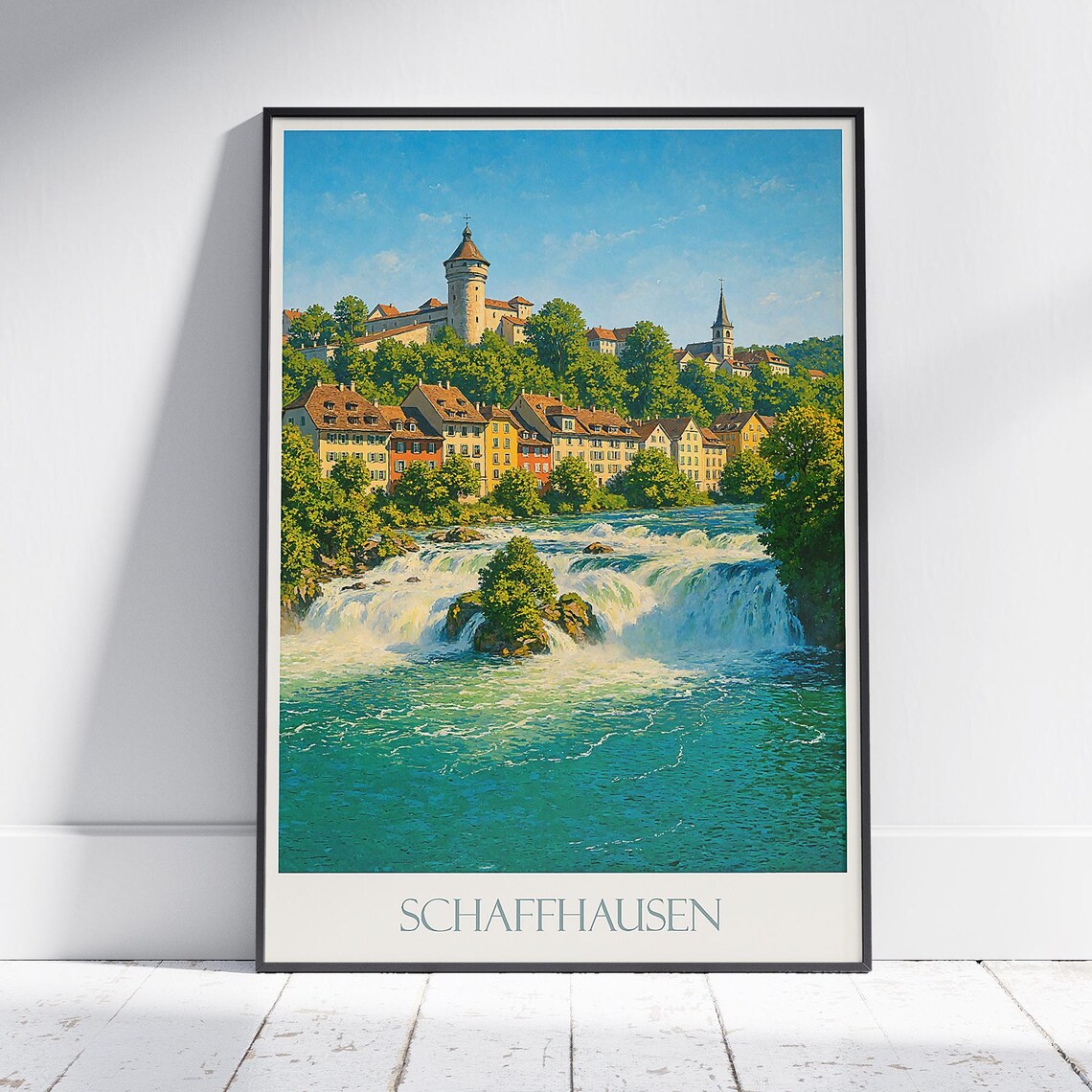 Schaffhausen Old Town Waterfall View Switzerland Travel Poster