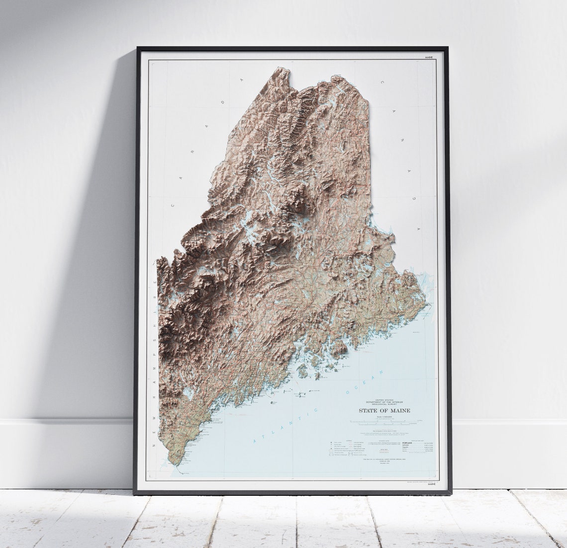 Maine State 3D Shaded Relief Topographic Map Vintage Style Poster