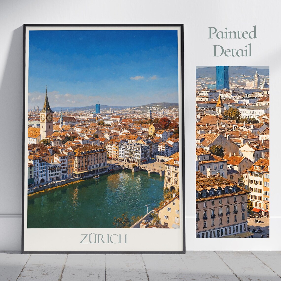 Zurich Switzerland Old Town River Aerial Cityscape Travel Poster