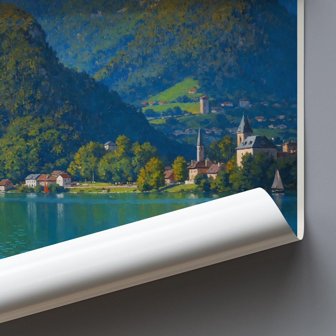 Annecy France Turquoise Alpine Lake Sailboat Painted Travel Poster - Image 3