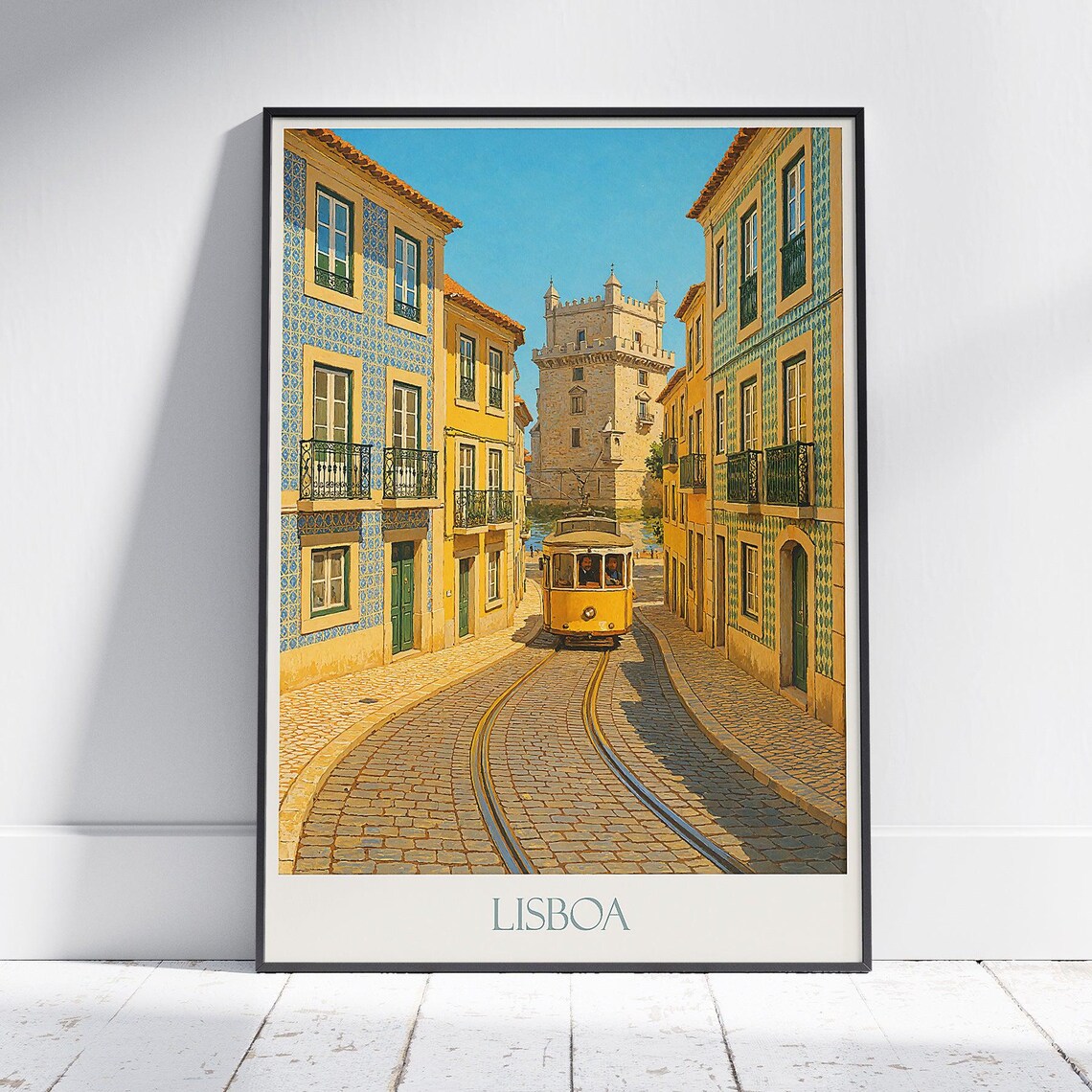 Lisboa Yellow Tram And Belem Tower Vintage Style Travel Poster
