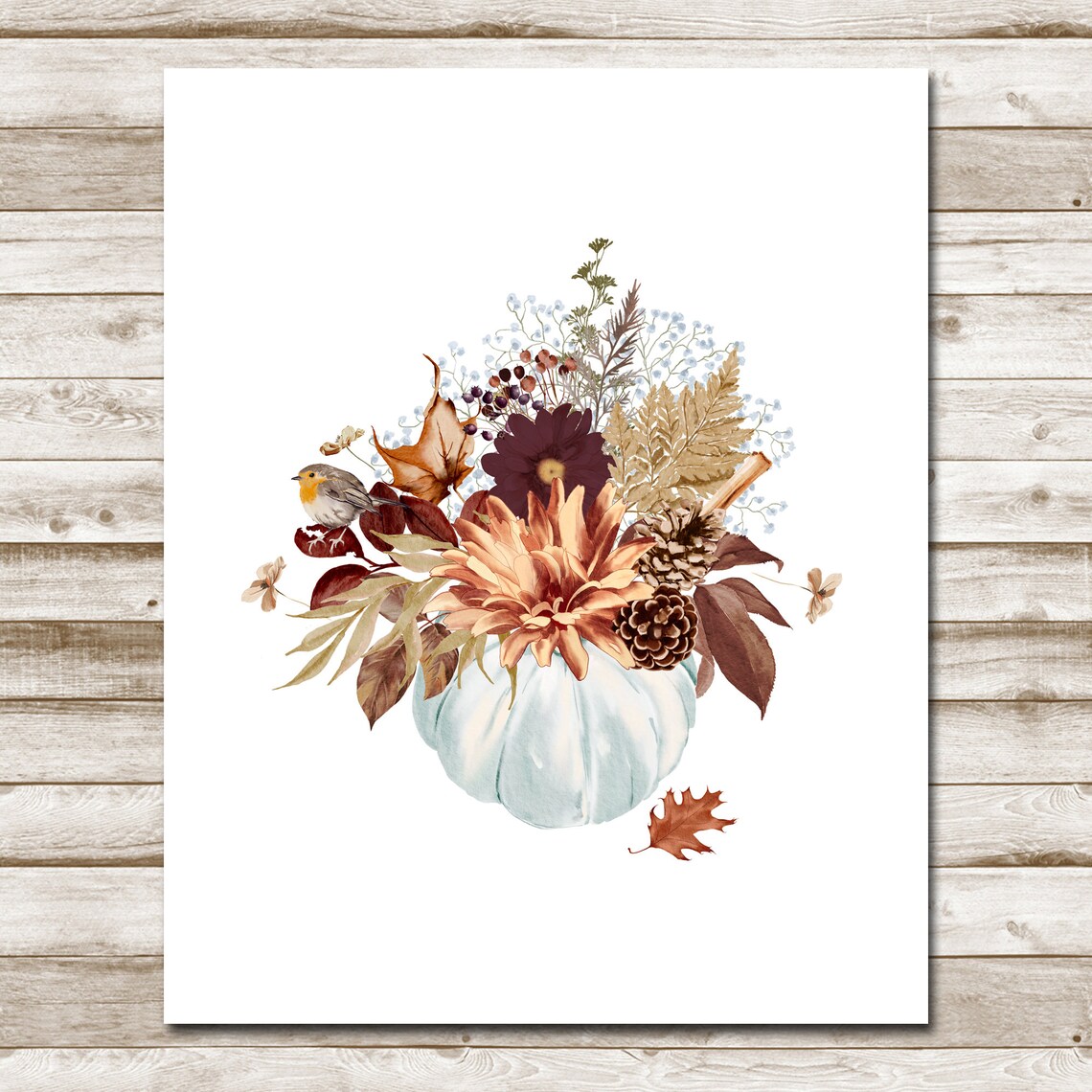 Pumpkin Bouquet Fall Florals Bird Watercolor Harvest Art Print - Image 4