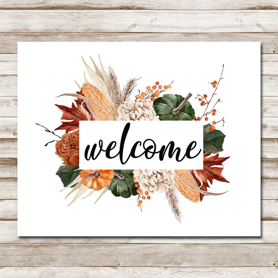 Welcome Harvest Corn Leaf Autumn Wood Sign Watercolor Poster - Image 4