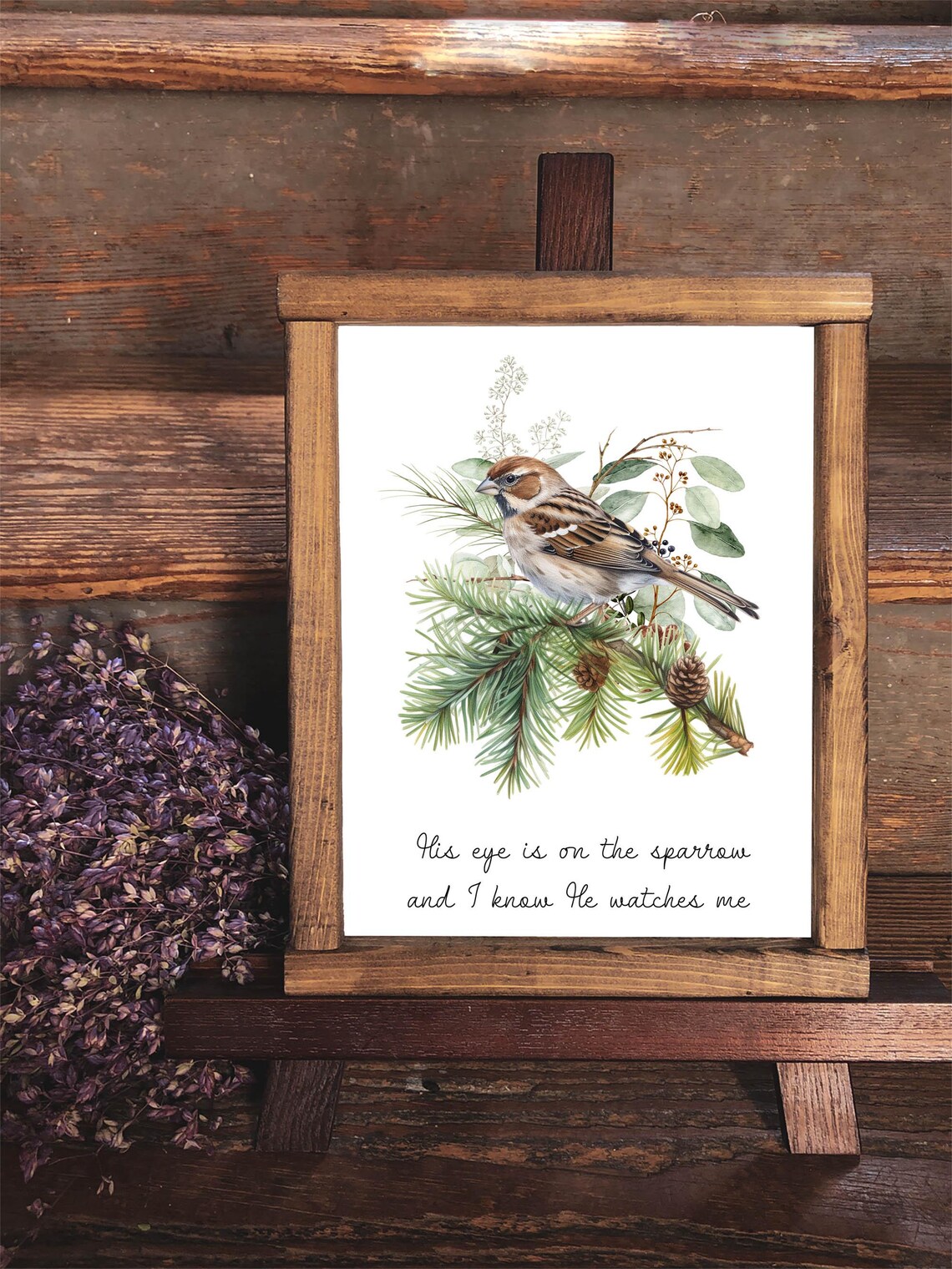 Watercolor Sparrow on Pine Branch Christian Faith Quote Bird Art Print - Image 2