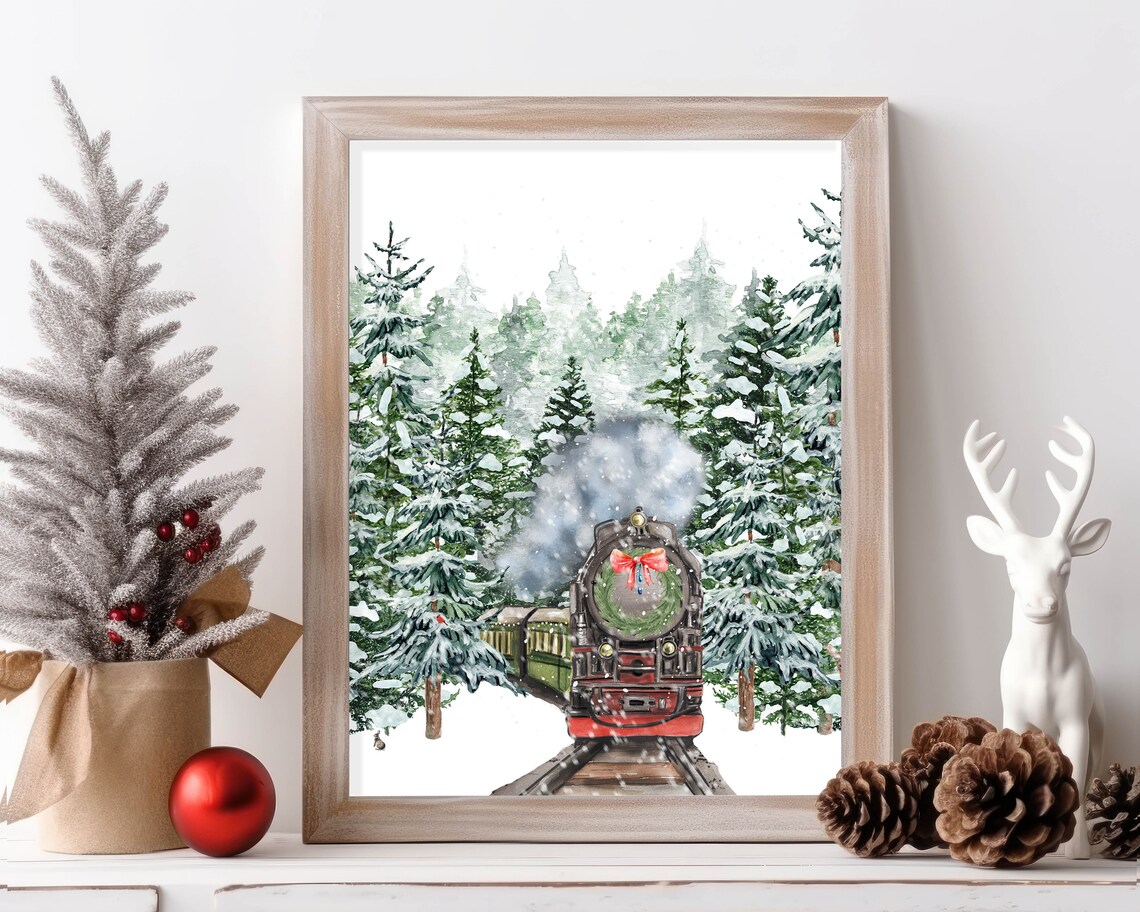 Christmas Train Vintage Steam Engine Snowy Pines Holiday Poster