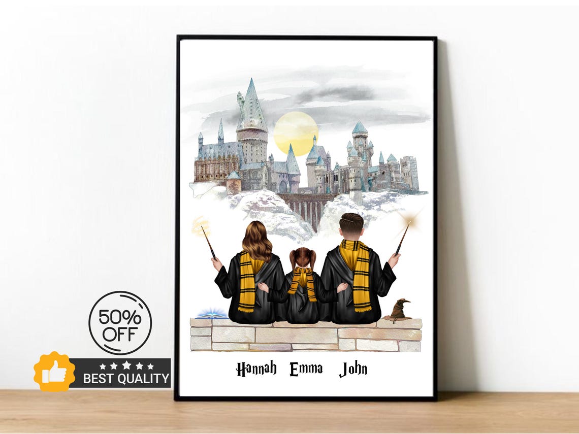 Personalized Wizard Family Portrait With Castle Backdrop Custom Poster