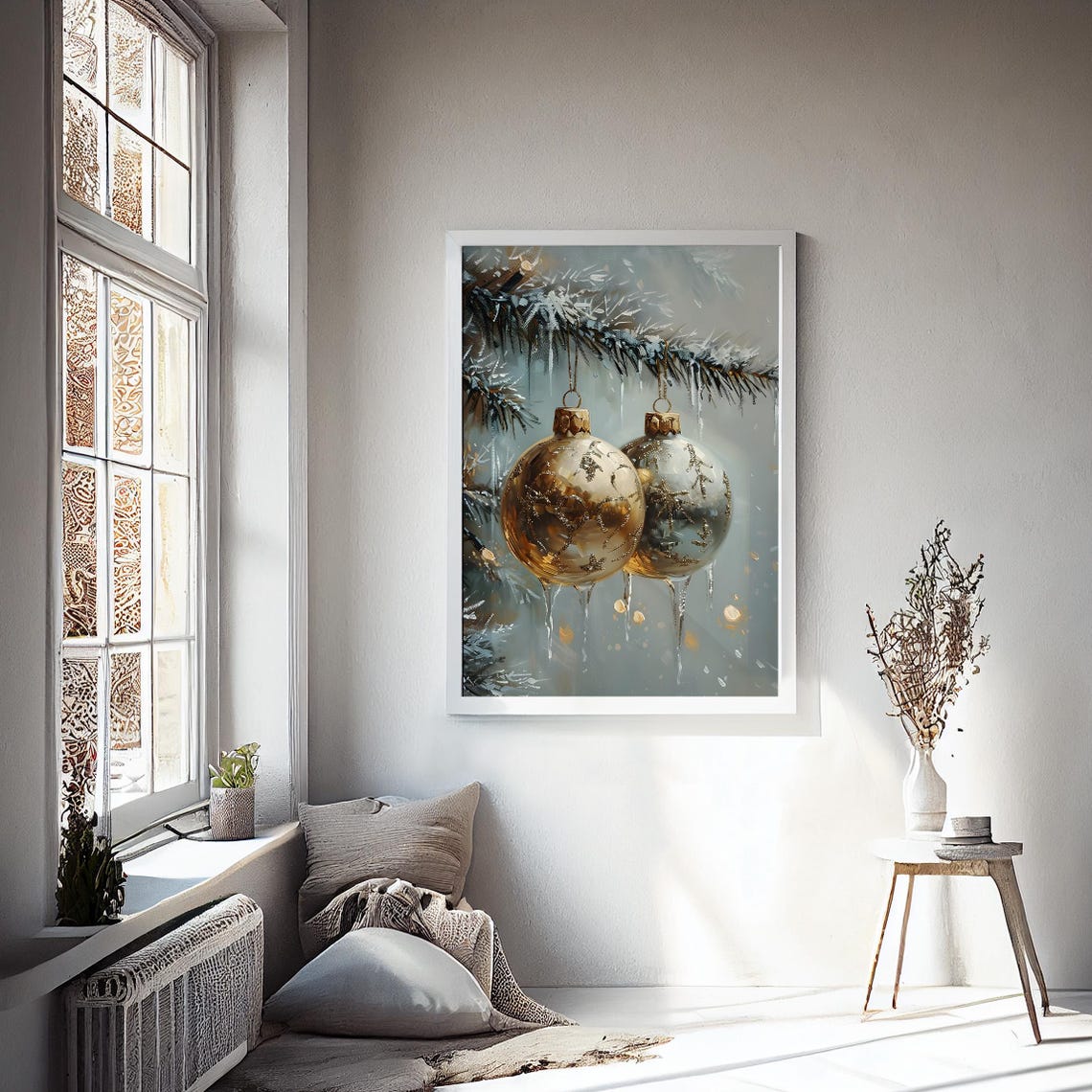 Golden Christmas Baubles Icicles Snowy Branches Elegant Wall Art Print - Image 2