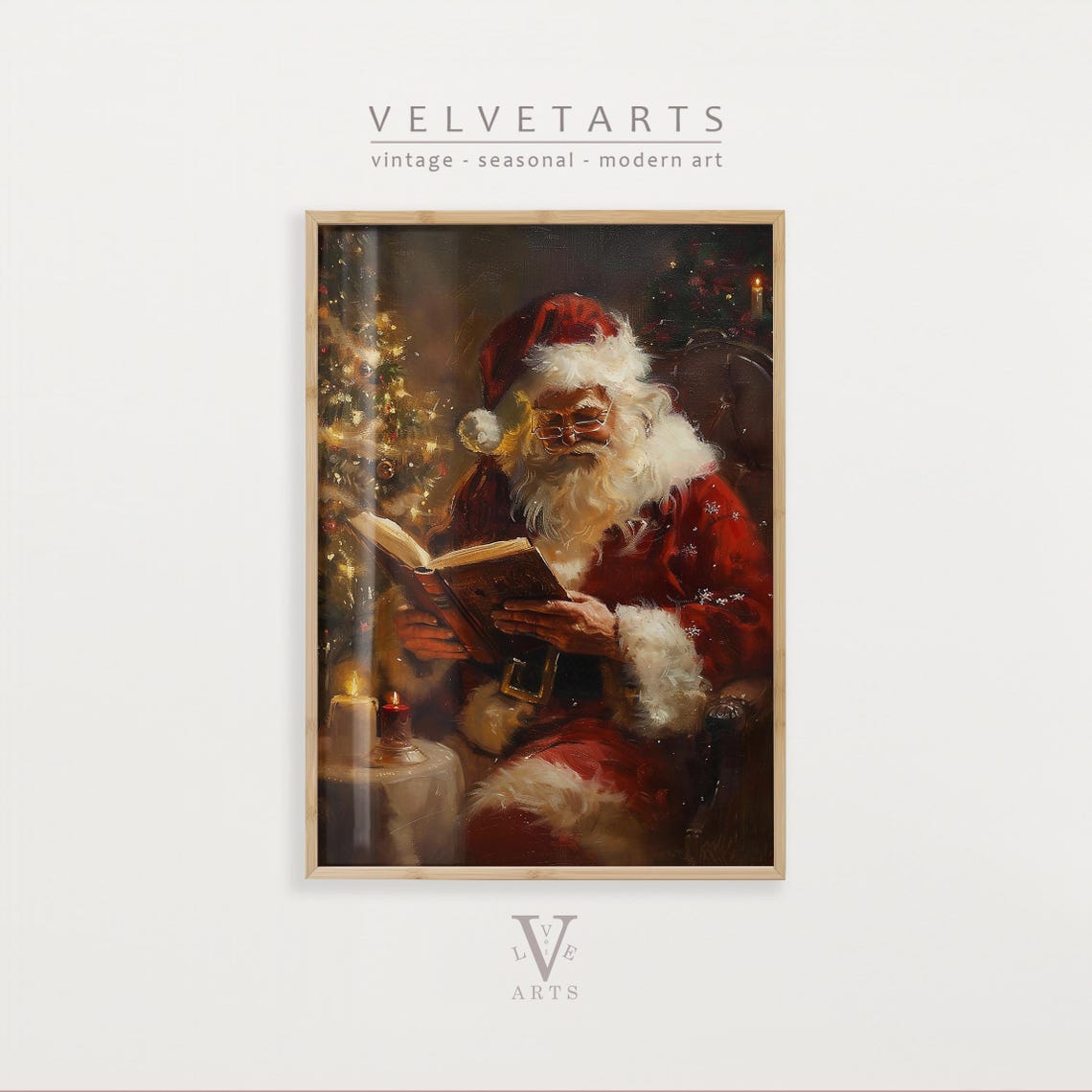 Santa Claus Reading a Storybook by the Christmas Tree Poster