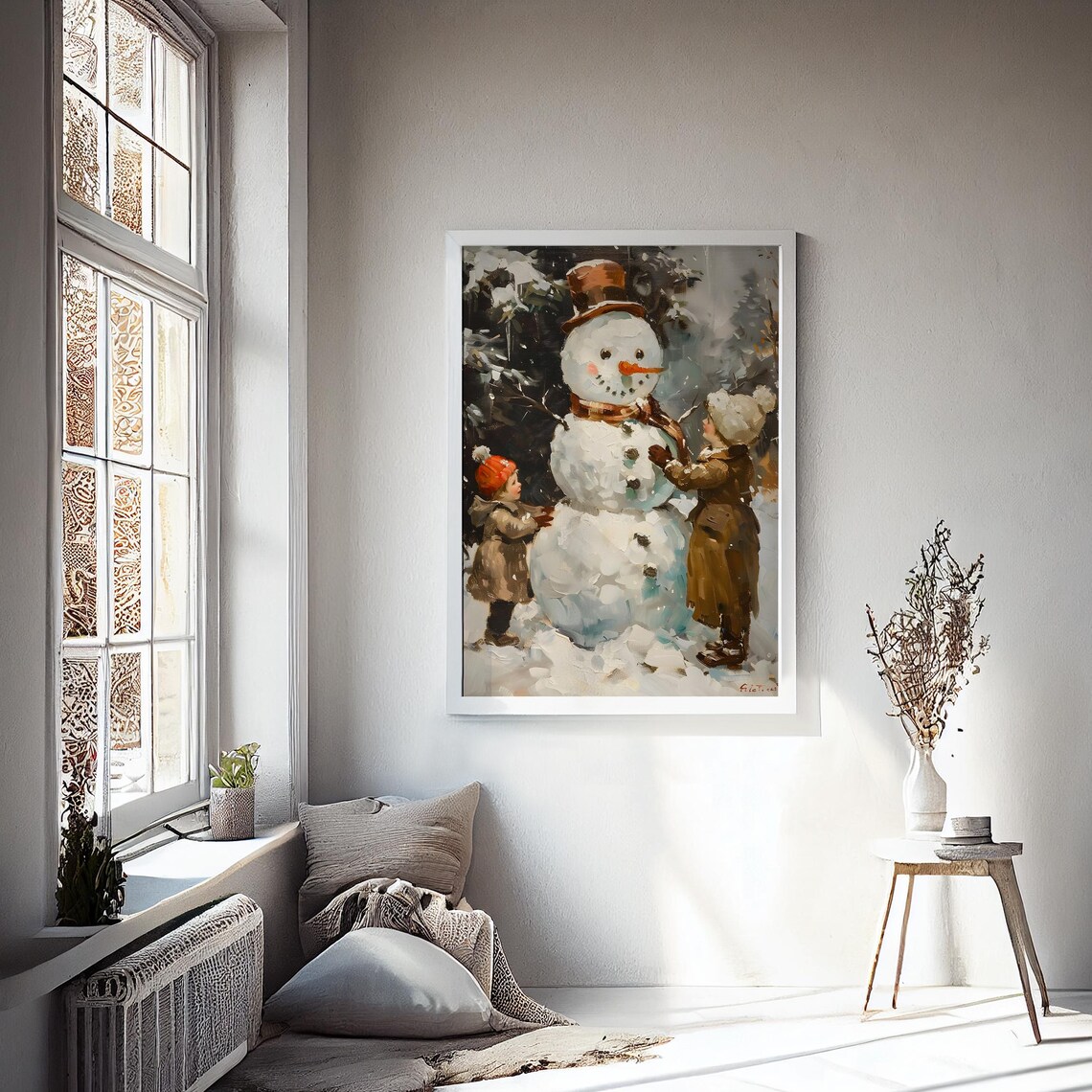Two Children Building a Big Snowman With Top Hat Winter Poster - Image 2
