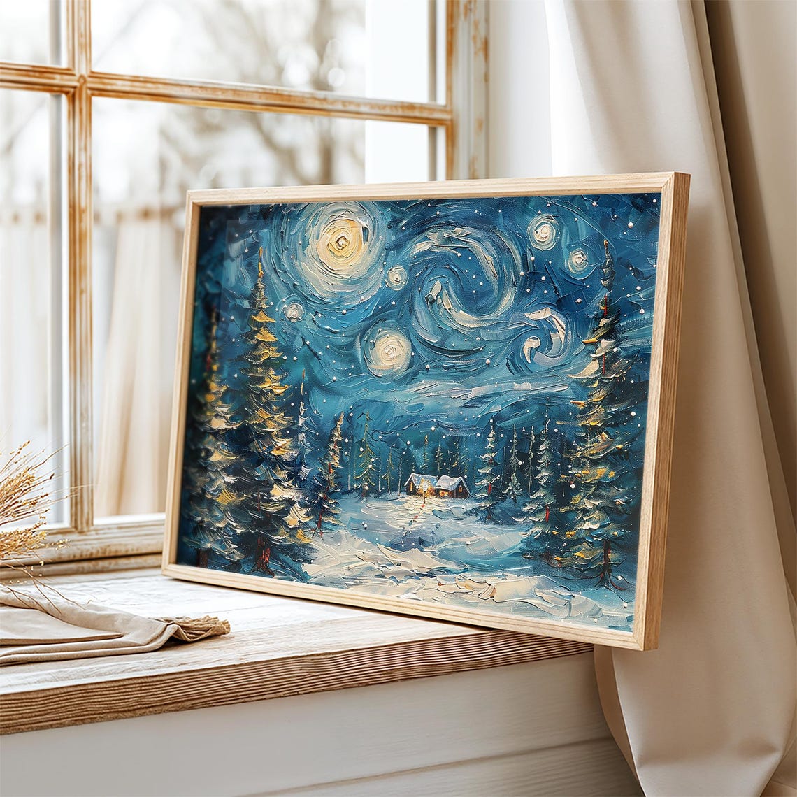 Starry Night Winter Cabins Snowy Pines Impasto Style Wall Art Print - Image 2