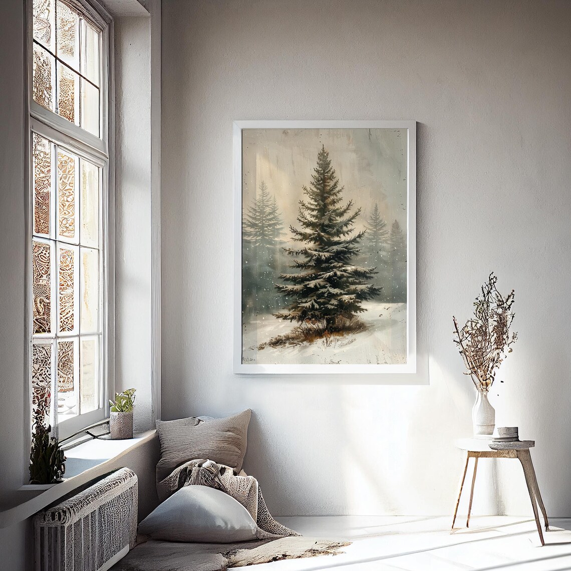 Solitary Snowy Evergreen Tree in Misty Winter Forest Art Poster - Image 2