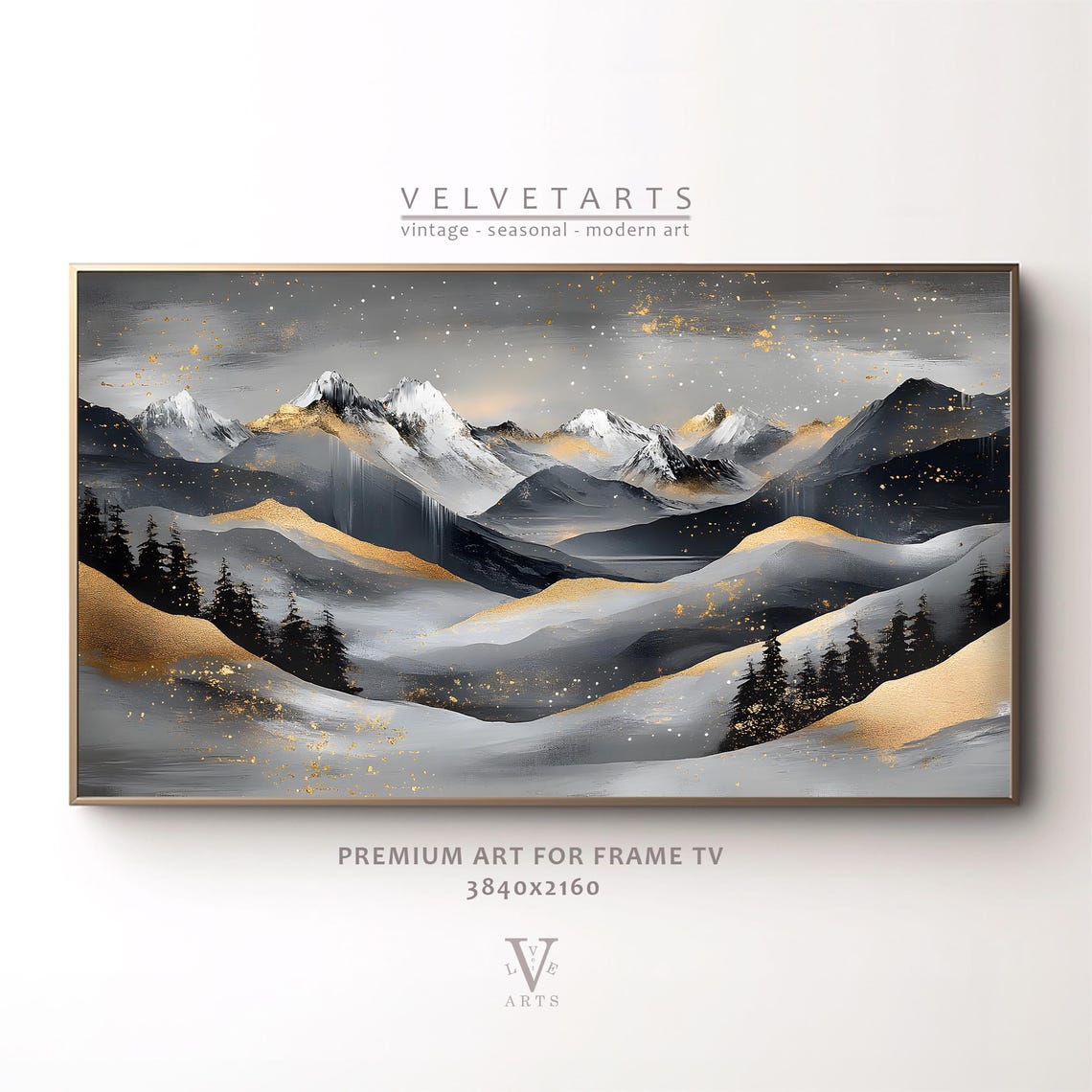 Golden Snowy Mountain Peaks and Pine Forest Abstract Wall Art - Image 5