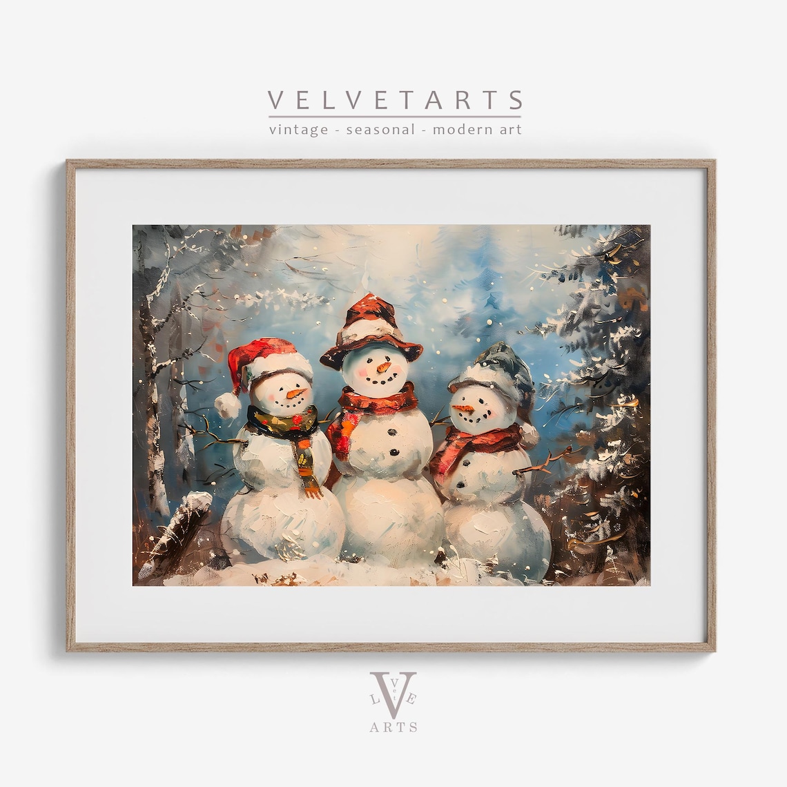 Three Festive Snowmen With Winter Hats in Snowy Forest Poster - Image 5