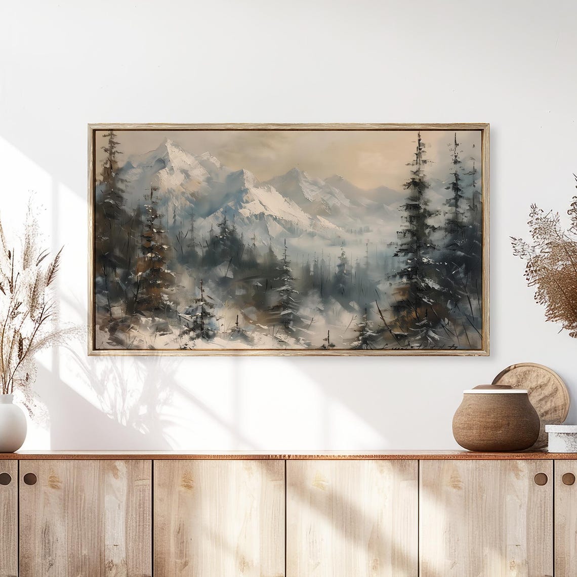 Misty Snow Covered Mountains and Pine Forest Winter Painting Poster - Image 3
