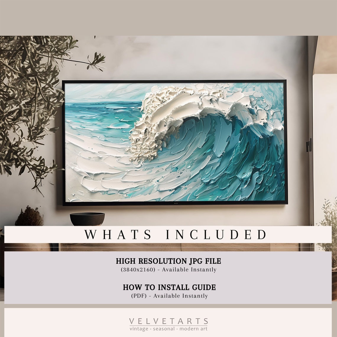 Turquoise Ocean Wave Impasto Textured Coastal Surf Art Poster - Image 4