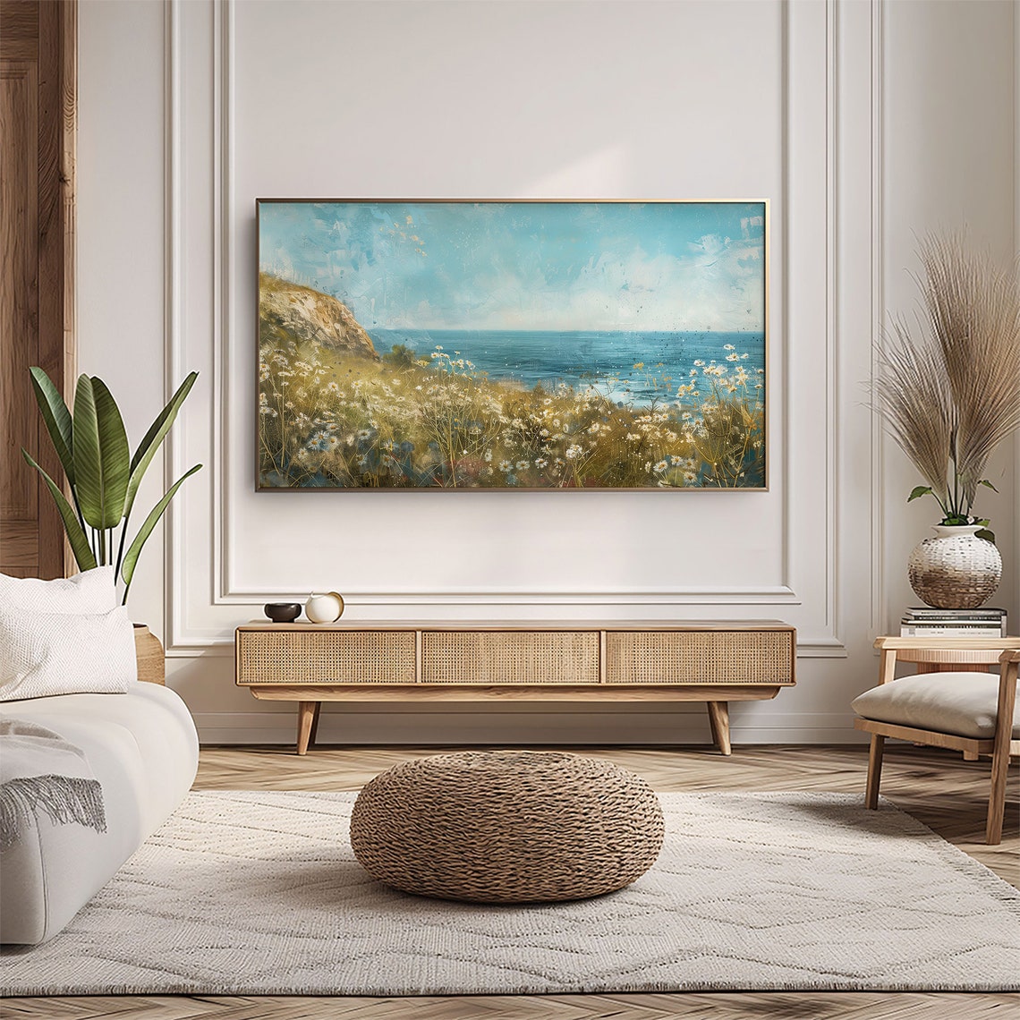 Coastal Daisies Meadow Cliff Overlooking Blue Sea Painting Poster - Image 5