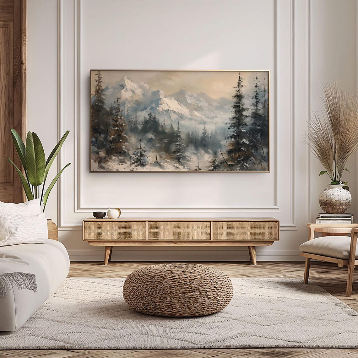 Misty Snow Covered Mountains and Pine Forest Winter Painting Poster