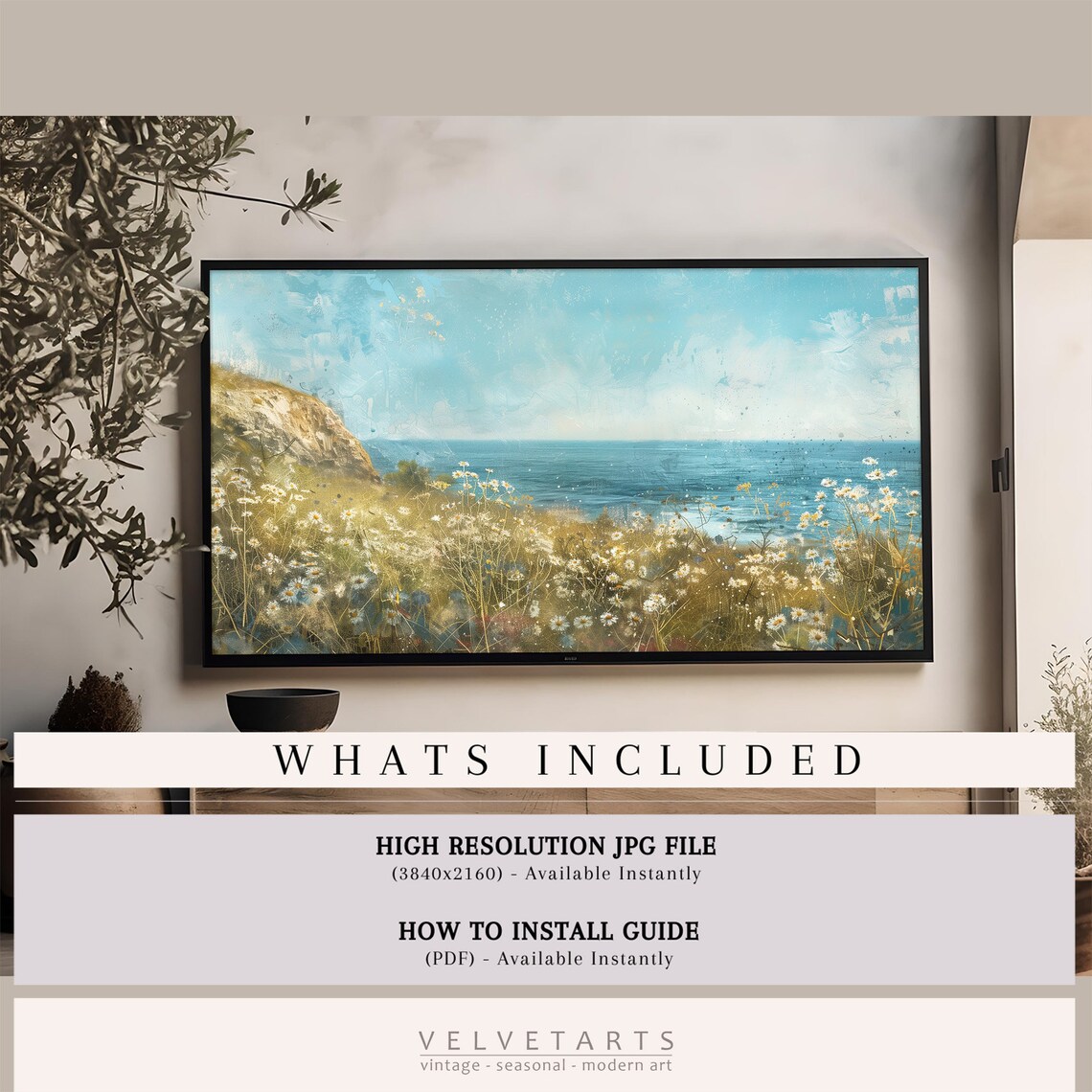 Coastal Daisies Meadow Cliff Overlooking Blue Sea Painting Poster - Image 4