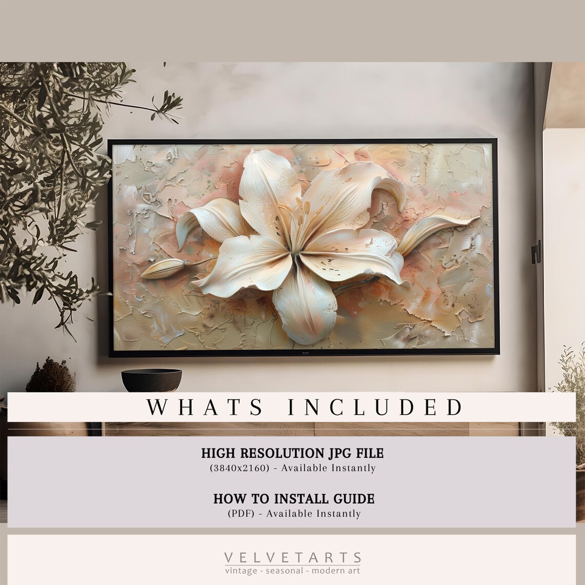 Sculpted White Lily Warm Neutral Textured Floral Painting Wall Art - Image 4