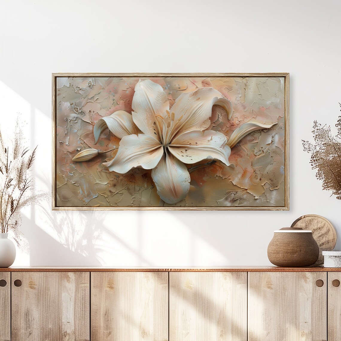 Sculpted White Lily Warm Neutral Textured Floral Painting Wall Art - Image 3