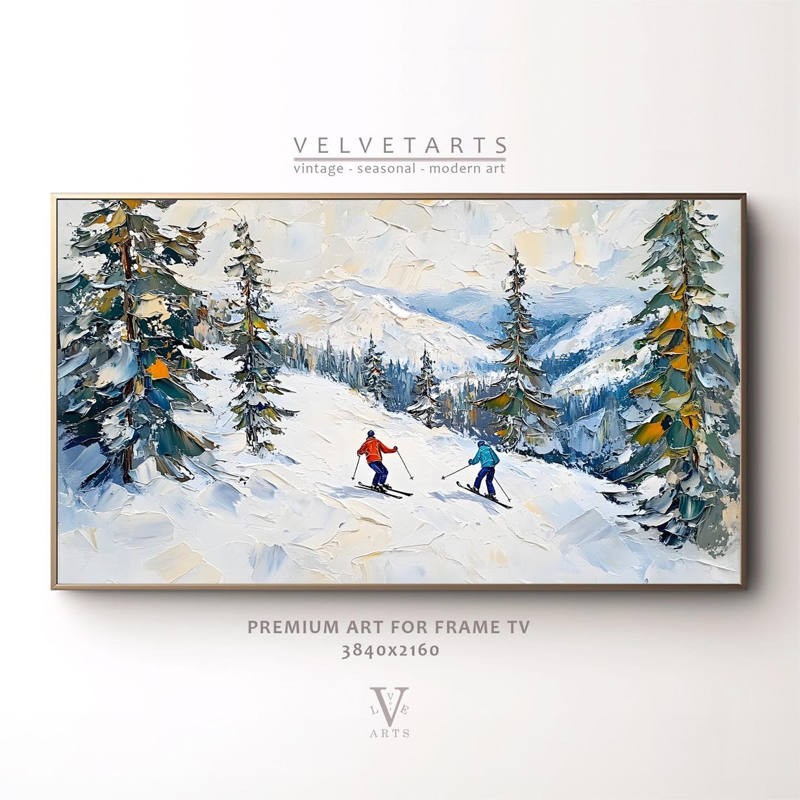 Frame Tv Art Skiers In Red Jackets Christmas Decor Winter Festive Painting Farmhouse Art Christmas Tv0226