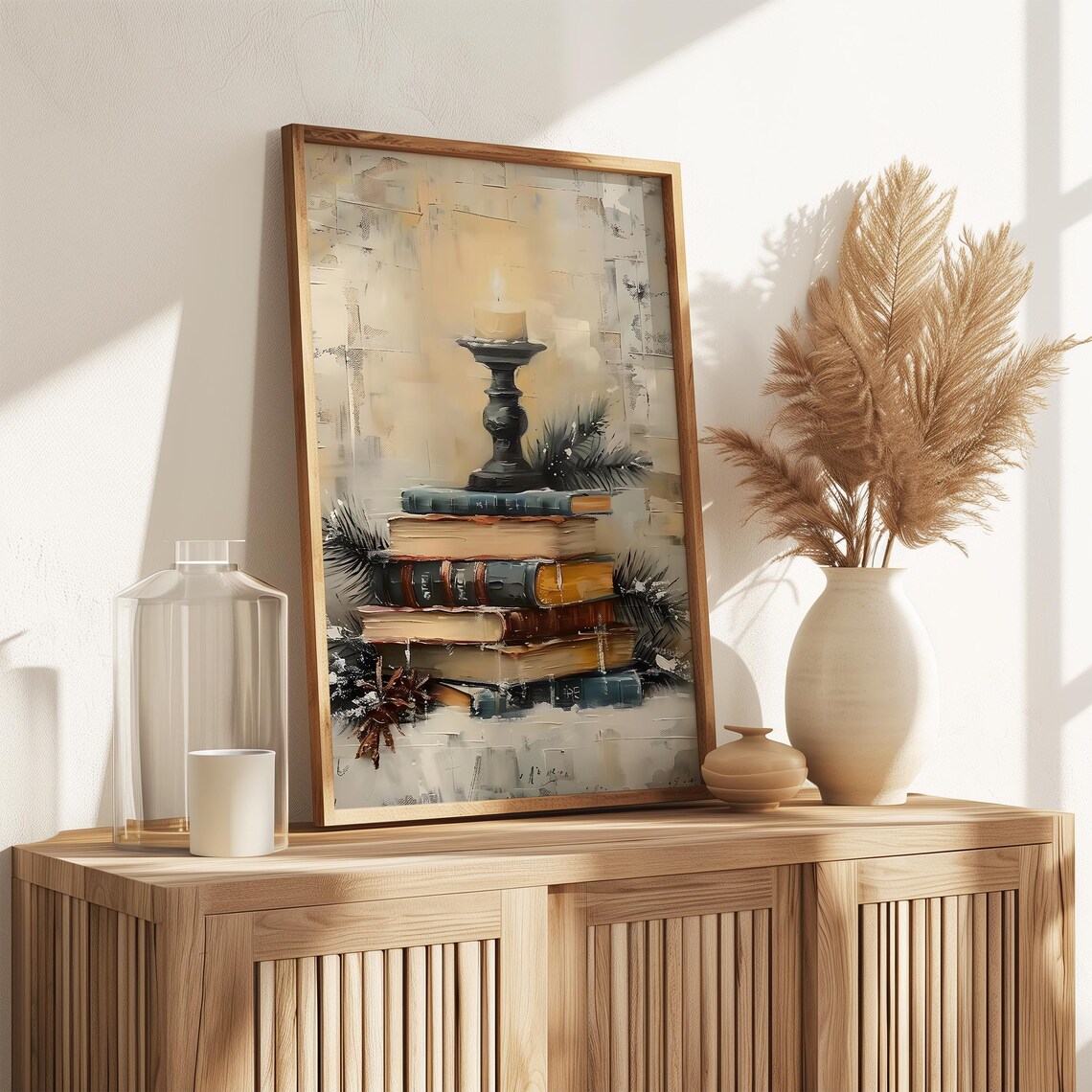 Lit Candle Antique Books Stack Winter Pine Vintage Wall Art Poster - Image 3