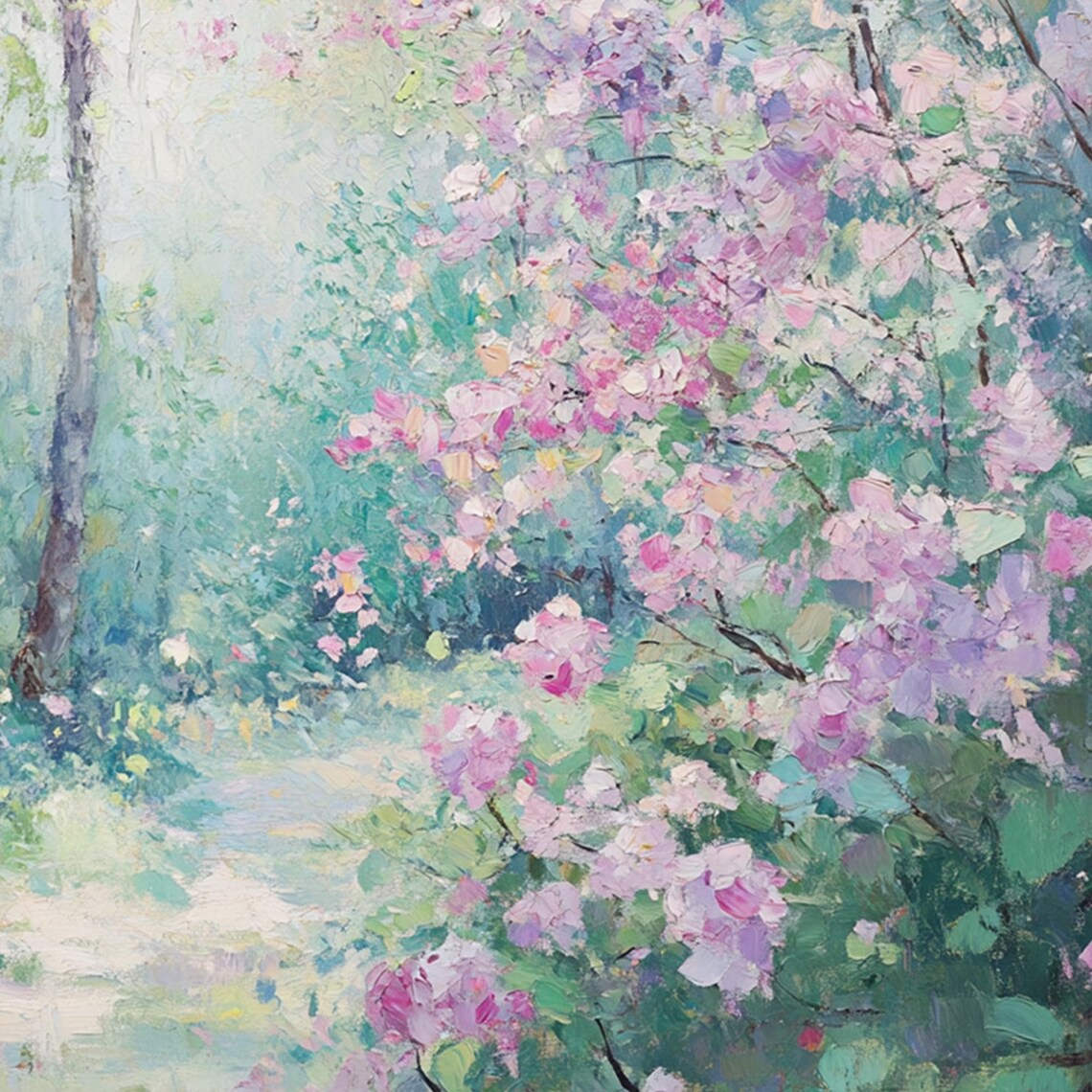 Misty Garden Path With Pink Flowering Bushes Oil Painting Poster - Image 5
