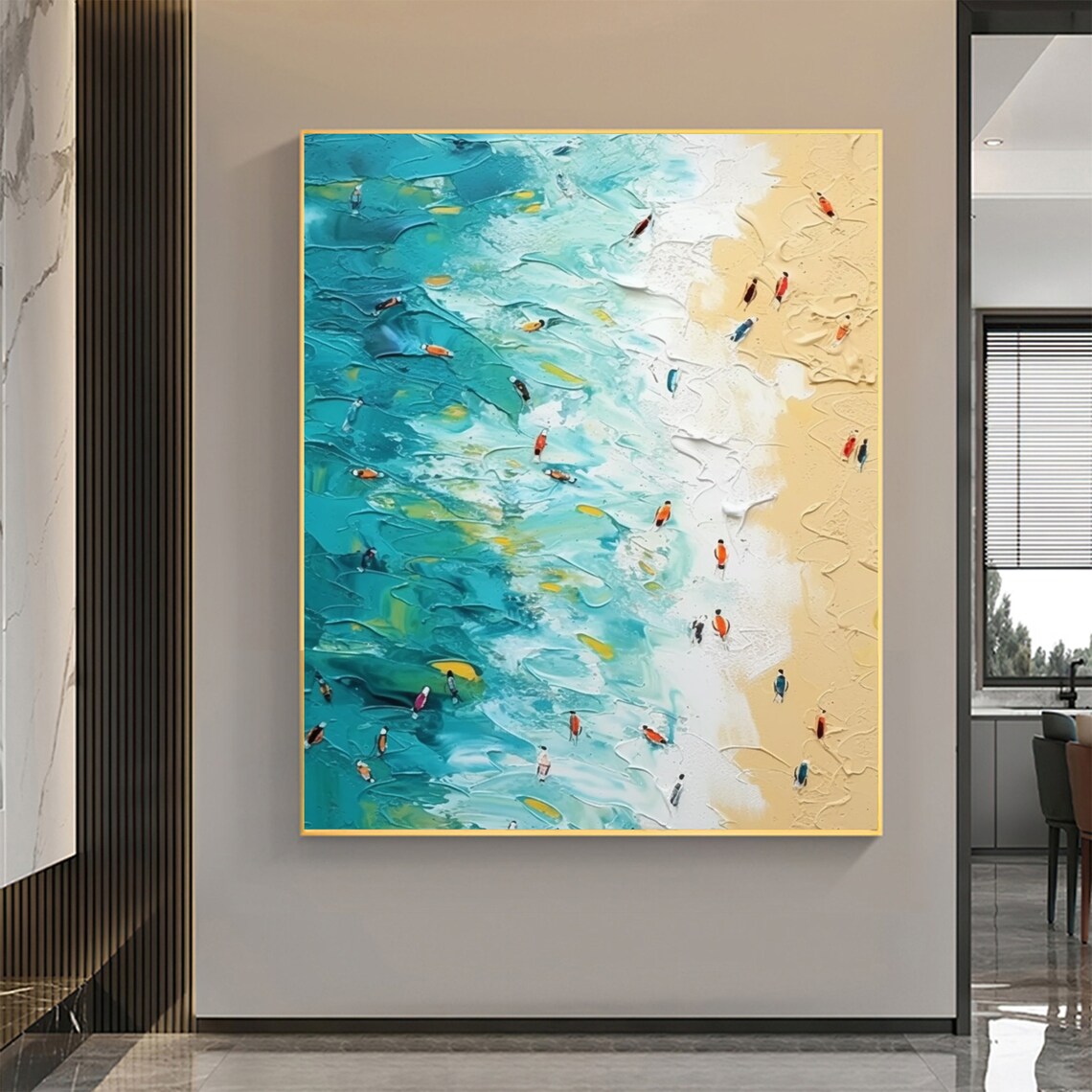 Aerial Turquoise Beach With Colorful Surfers Oil Painting Poster - Image 4
