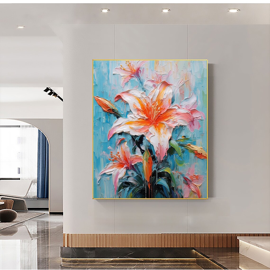 Orange Pink Lily Blooms Vivid Blue Background Impasto Poster - Image 3