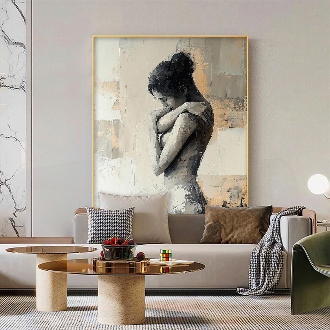Embracing Woman Portrait Gray Beige Textured Abstract Art Poster - Image 5