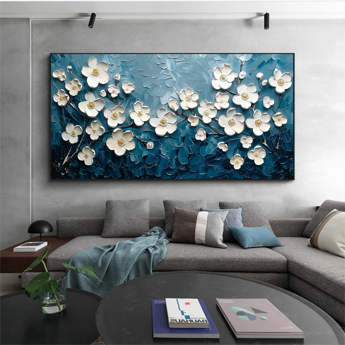 White Blossom Branches on Teal Blue Textured Oil Painting Poster - Image 4