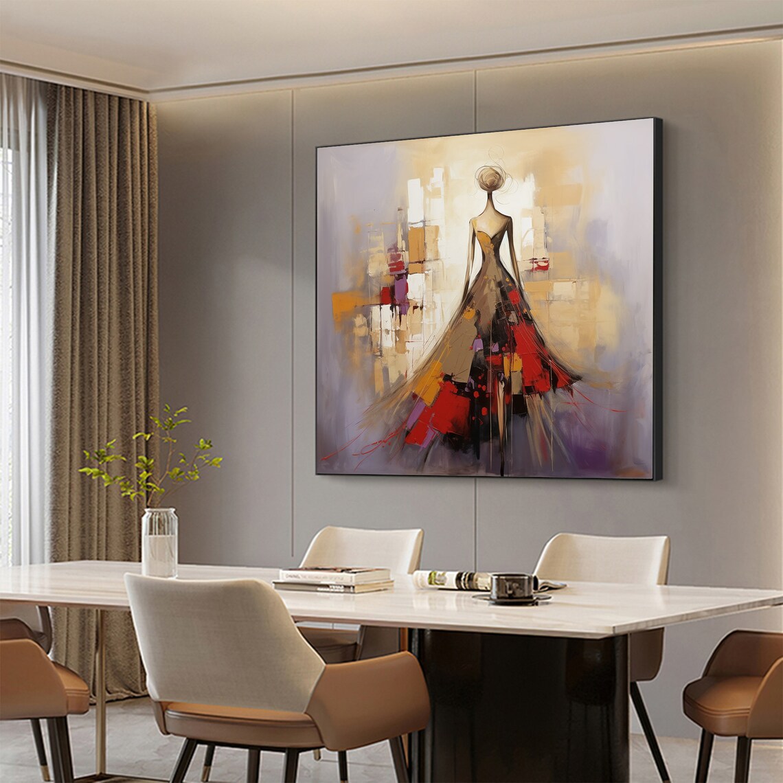 Elegant Woman Flowing Red Dress Abstract City Back View Poster - Image 3