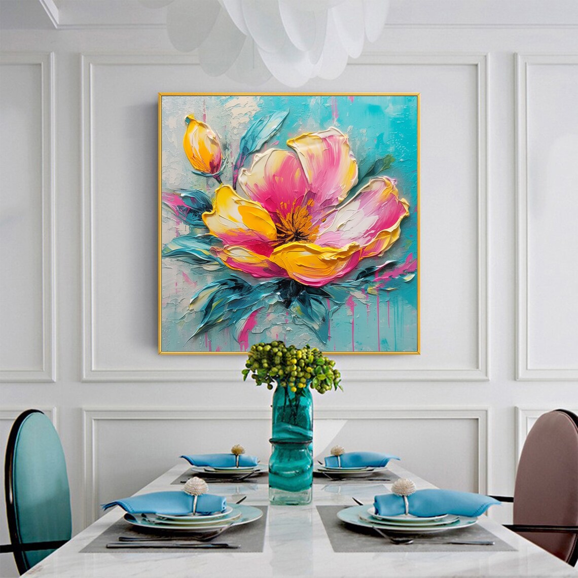 Vivid Pink Yellow Blossom Teal Leaves Bold Floral Art Poster - Image 4