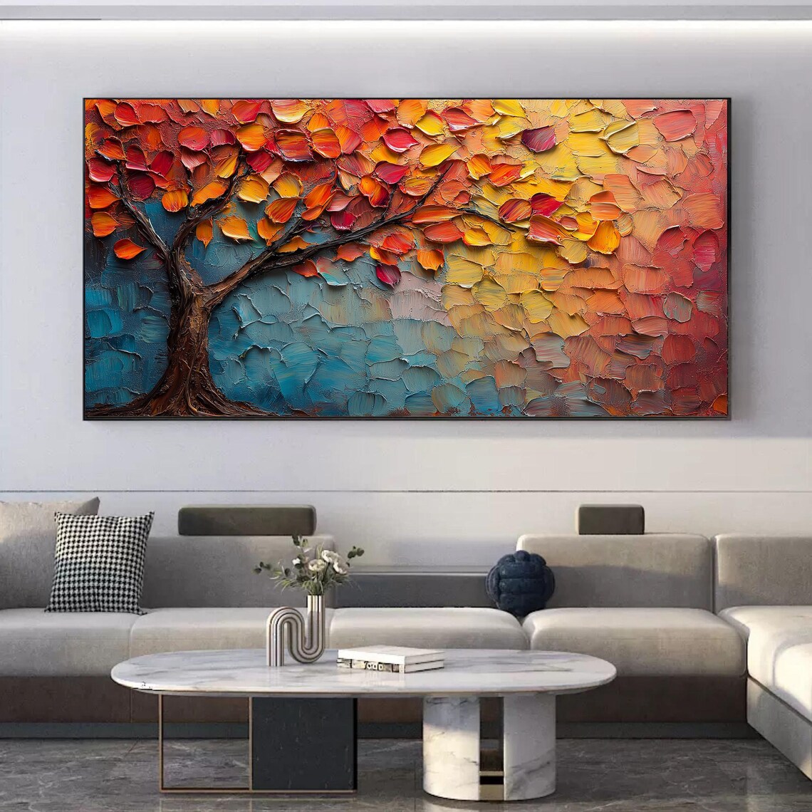 Large Original Tree Of Life Oil Painting On Abstract Textured Orange Tree Wall Art Boho Custom Wall Dcor Living Room Wall Decor - Image 2