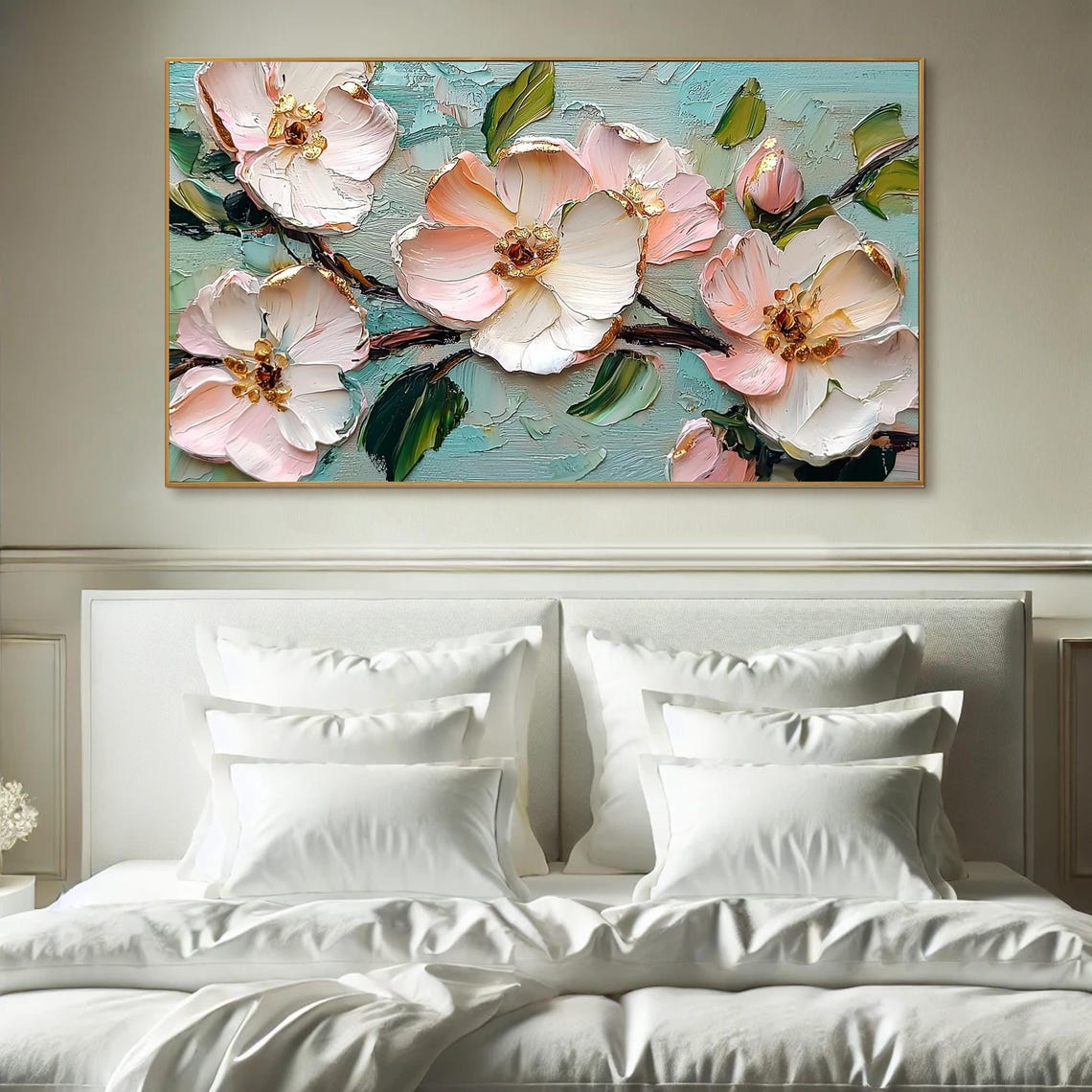 Pink Blossoms on Branches Over Teal Impasto Floral Oil Painting Poster - Image 6