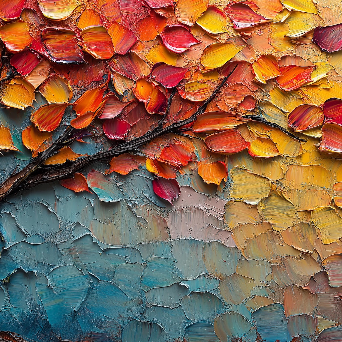 Tree of Life Red Orange Leaves Teal Textured Impasto Art Poster - Image 6