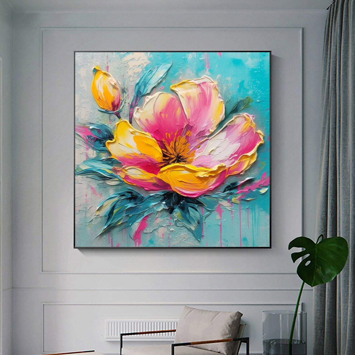 Vivid Pink Yellow Blossom Teal Leaves Bold Floral Art Poster - Image 5