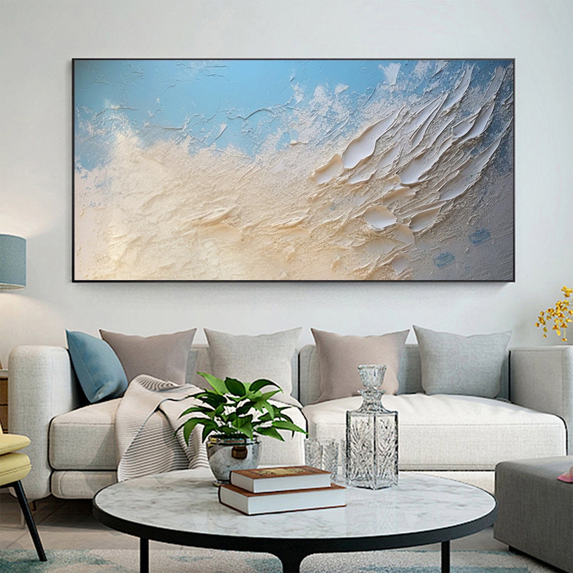 Ocean Wave Foam Abstract in Blue Cream Textured Oil Painting Poster - Image 5