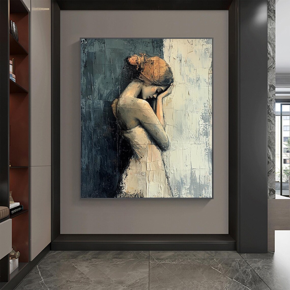 Pensive Blonde Woman Portrait Dark Teal Textured Oil Art Poster - Image 3