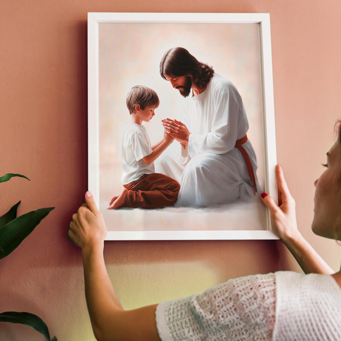 Jesus Praying with a Young Girl Gentle Christian Faith Poster - Image 2