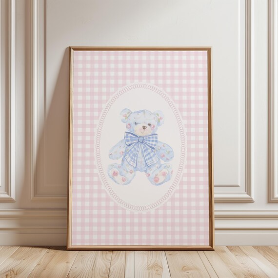 Blue Floral Teddy Bear With Gingham Bow Nursery Print Pink Gingham