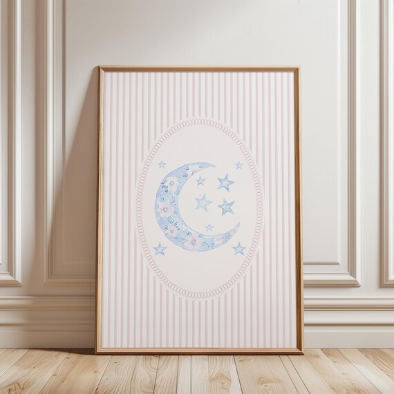 Blue Floral Crescent Moon and Stars Nursery Print Pink Stripes